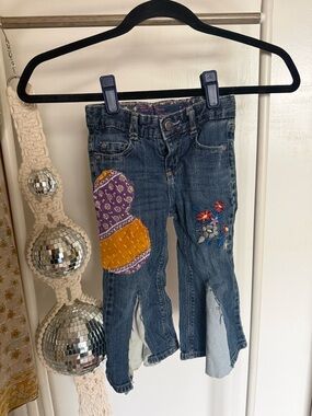 Children's Denim Patchwork Jeans with Floral Embroidery - Blue